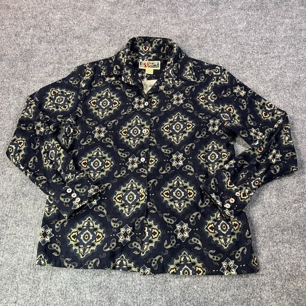 La Cabana Womens Large Blue Y2K Boho Paisley Long Sleeve Festival  Indie Top
